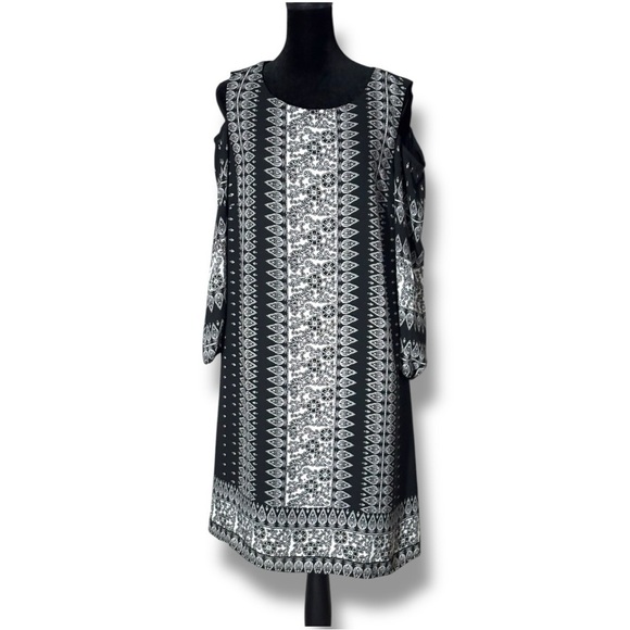 Luxology Black and White Vertical Geometric Pattern Shoulder Cutout Mini Dress - Picture 1 of 16